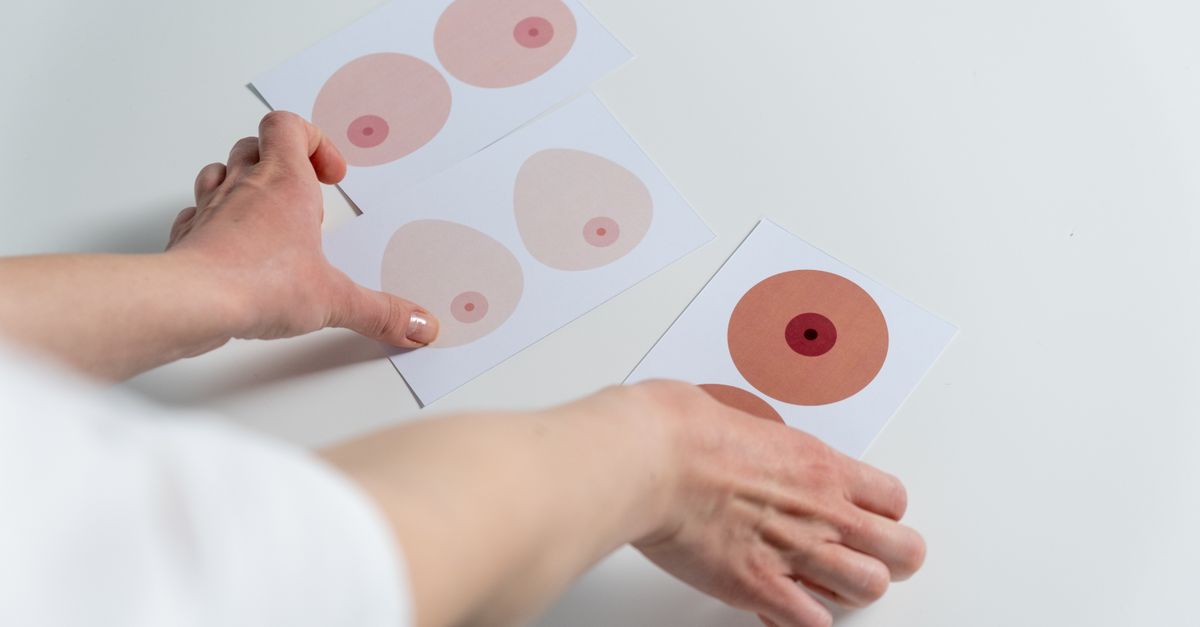 Image of hands arranging breast anatomy illustrations for awareness and education.